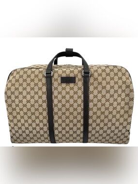 Authentic GUCCI Large GG Logo Beige Canvas Brown Leather Carry on Duffle Bag